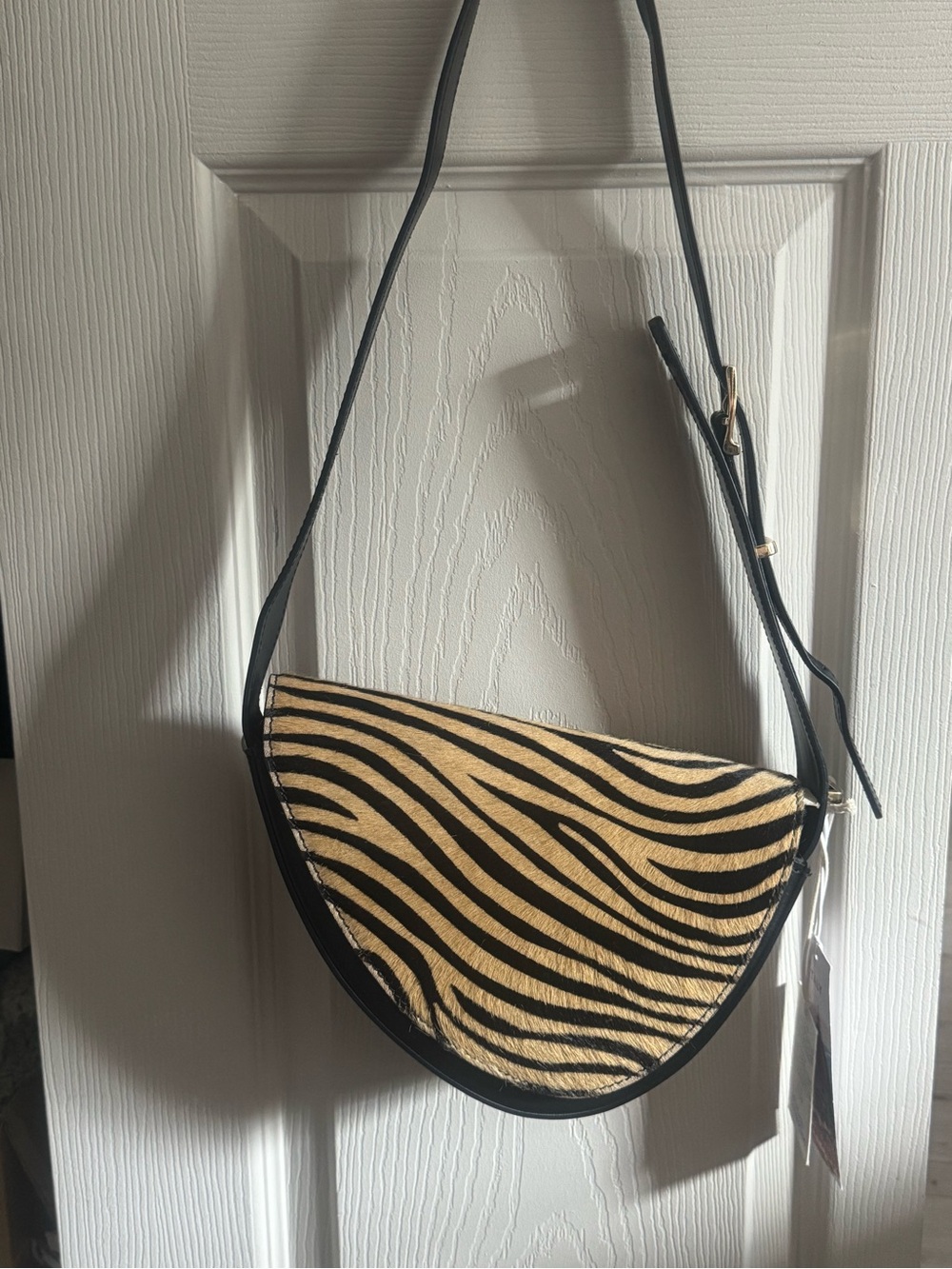 Zebra-Print Half-Moon Shoulder Bag - Genuine Leather